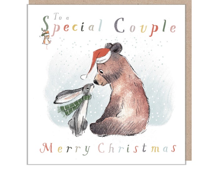 to a Special Couple, Christmas Card, 'the Bear, the Hare, and the Mouse', Cute heart warming  Bear Illustration,  made in UK, BHMX01