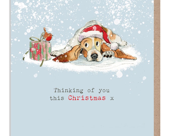 Thinking of you Christmas card - Dog Christmas Card - Charming illustration - 'Absolutely barking' range - Basset hound - Made in UK - ABX02