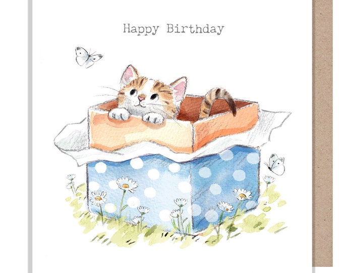 Cat Birthday Card - Quality Greeting Card - Charming illustration - 'Pawsitively Purrect' range - Cat in box- Made in UK- EPP021