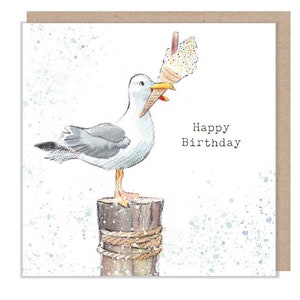 Seagull - Happy Birthday - Quality greeting Card - Seagull with ice cream illustration - 'by the Seashore' range - made in UK  - SEA03