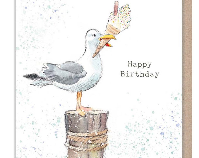 Seagull - Happy Birthday - Quality greeting Card - Seagull with ice cream illustration - 'by the Seashore' range - made in UK  - SEA03