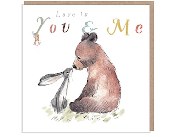 Our Anniversary, Quality Greeting Card, Love is..., 'the Bear, the Hare, and the Mouse' , heart warming Illustrations, made in UK, BHME01