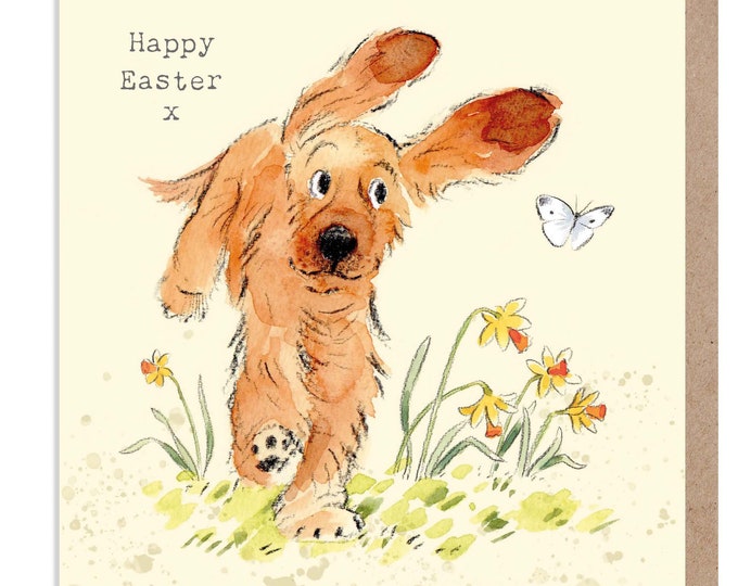 Easter Card - Quality Greeting Card - Charming illustration - 'Absolutely barking' range -  Cocker Spaniel design - Made in UK - ABEASTER01