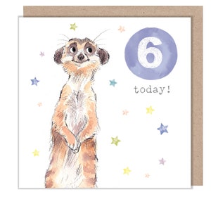 Cartão de aniversário de 6 anos - Ilustração encantadora - Meerkat, linha 'Party Time' - Fabricado no Reino Unido - PTAGE06