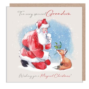 À un petit-fils spécial - Carte de Noël de qualité - 150 x 150 mm - Charmant père Noël et renard - Gamme « Wintery Tails » - WT016