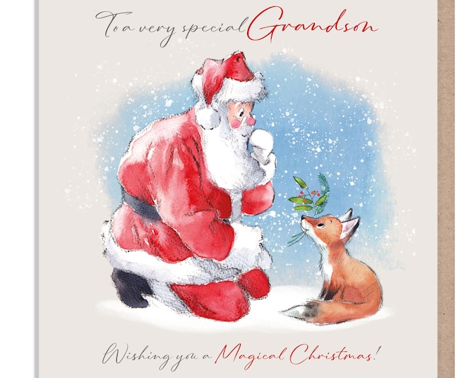 To a special Grandson- Quality Christmas Card - 150 x 150mm - Charming Santa and Fox  illustration - 'Wintery Tails'  range  - WT016