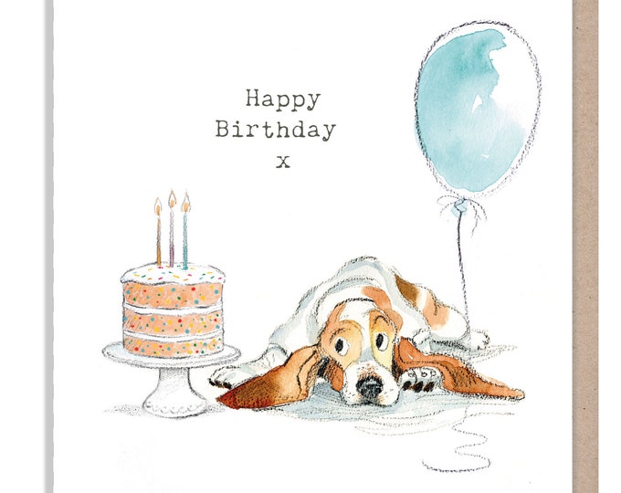 Dog Birthday Card - Quality Greeting Card - Charming illustration - 'Absolutely barking' range - Bassett Hound - Made in UK -  ABE054