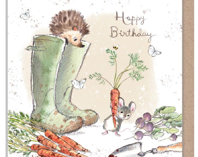 Birthday Card - Quality Card - Charming illustration - Hedgehog in Welly Boots - 'Morris and Maude' range - Made in UK -  MME01