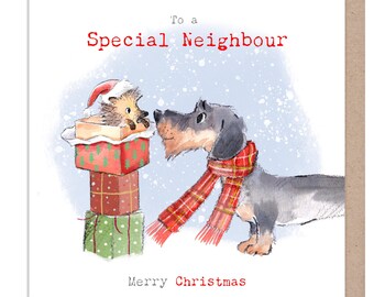Neighbour Christmas Card  - 150 x 150mm -  Charming Dog illustration - 'Absolutely barking' range - Made in UK -  ABX126