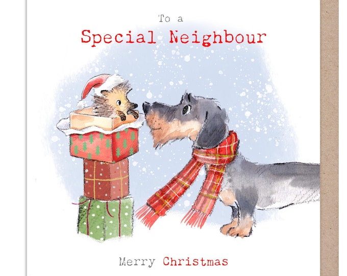 Neighbour Christmas Card  - 150 x 150mm -  Charming Dog illustration - 'Absolutely barking' range - Made in UK -  ABX126