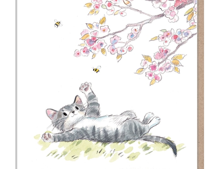 Cat Card - Quality Blank Greeting Card - Charming illustration - 'Pawsitively Purrect' range - Cat with Blossom - Made in UK - EPP09