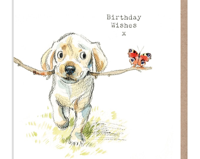 Dog Birthday Card - Quality Greeting Card - Charming illustration - 'Absolutely barking' range -  Labrador puppy - Made in UK -  ABE03