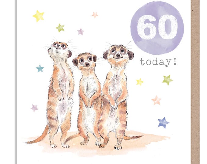 AGE 60 Birthday Card -  Charming illustration - Meerkats  'Party Time'  range - Made in UK -  PTAGE060
