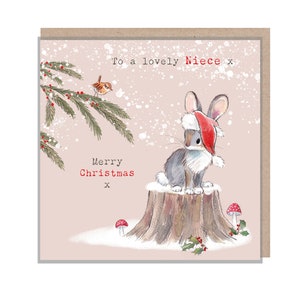 Carte de Noël nièce - Illustration charmante de lapin - Gamme « Bucklebury Wood » - Fabriquée au Royaume-Uni - BWX05