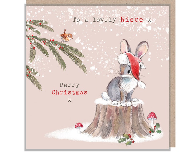 Niece Christmas Card - Charming Rabbit illustration - 'Bucklebury wood' range- Made in UK -  BWX05