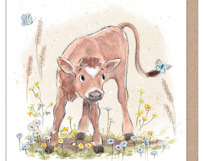 Blank Card - Quality Greeting Card - Charming illustration - 'Buttercup Farm' range - Cute Calf - Made in UK -  BF012