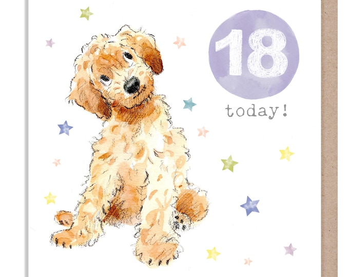 AGE 18 Birthday Card -  Charming illustration - Cockapoo Puppy,  'Party Time'  range - Made in UK -  PTAGE018
