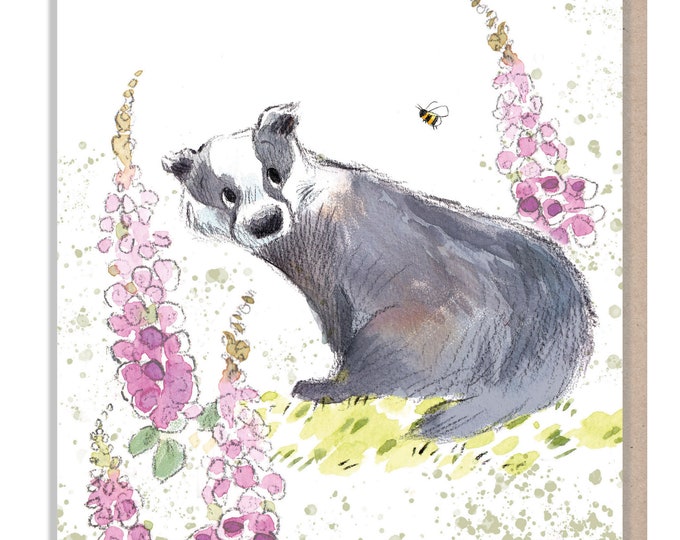 Badger Card - Quality Blank Card - Charming illustration - Badger with Foxgloves - 'Bucklebury Wood'  range - Made in UK -  BWE016