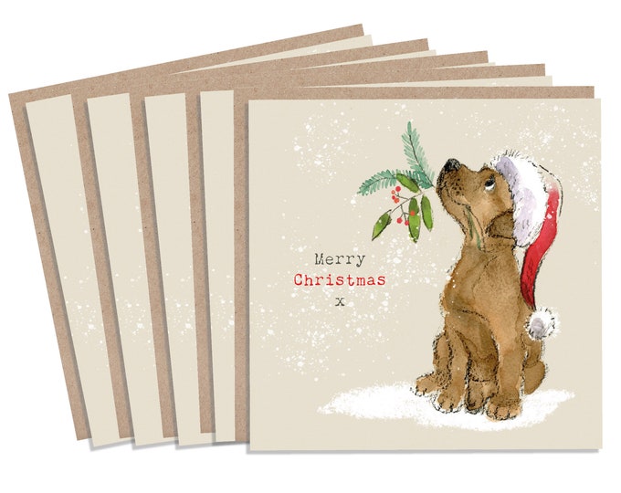 5 Quality Christmas Cards - 1 design 5 Cards  - Christmas Card pack - dog cards - Charming illustration - Chocolate Labrador - Made in UK