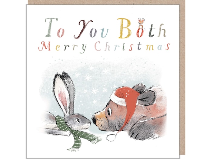 To you Both Christmas Card, 'the Bear, the Hare, and the Mouse', Cute heart warming  Bear Illustration, made in UK, BHMX08