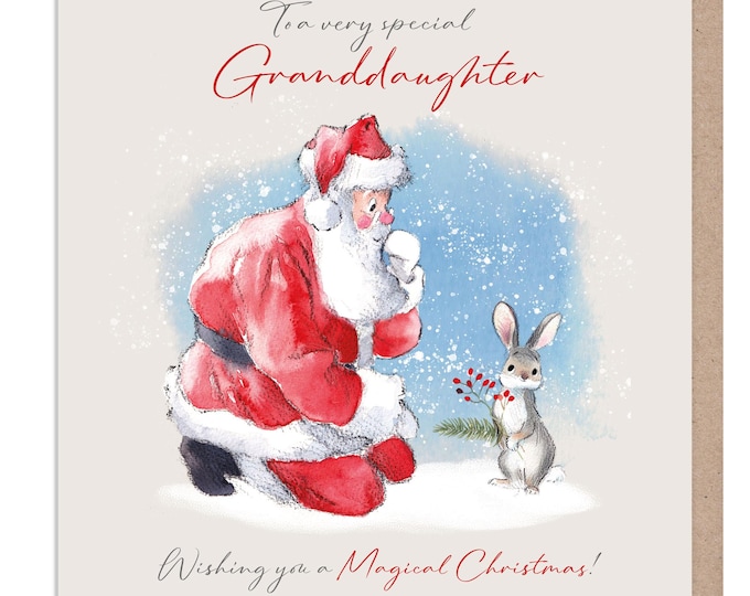 To a very special Granddaughter - Quality Christmas Card-150 x 150mm - Santa with Rabbit illustration - 'Wintery Tails'  range - WT013