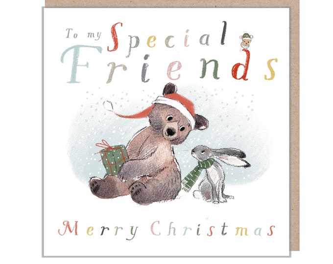 Special Friends, Quality Christmas Card, 'the Bear, the Hare, and the Mouse', Cute heart warming  Bear Illustration, made in UK, BHMX04