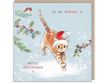 Sister Christmas Card - Charming Cat illustration - 'Pawsitively Purrect' range  - Made in UK - XPP07