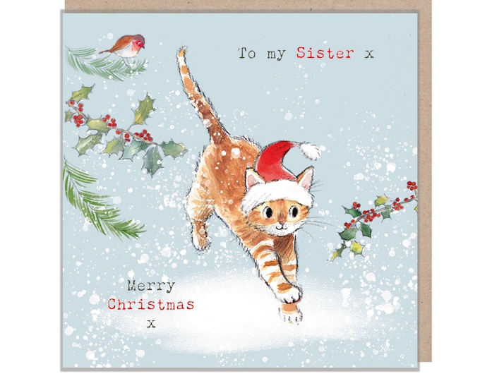 Sister Christmas Card - Charming Cat illustration - 'Pawsitively Purrect' range  - Made in UK - XPP07