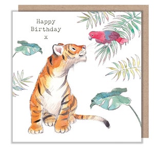 Carte d'anniversaire tigre - Charmante illustration - Tigre et perroquet - Gamme « Wonderfully Wild » - Fabriquée au Royaume-Uni - WWE01