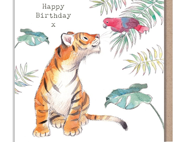 Tiger Birthday Card - Charming illustration - Tiger and Parrot - 'Wonderfully Wild'  range - Made in UK -  WWE01