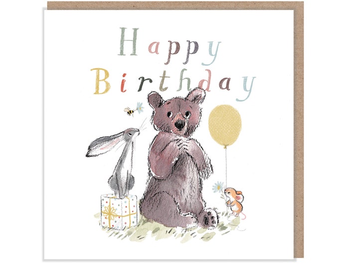 Happy Birthday, Quality Greeting Card, 'the Bear, the Hare, and the Mouse' , heart warming Illustrations, made in UK, no plastic, BHME03