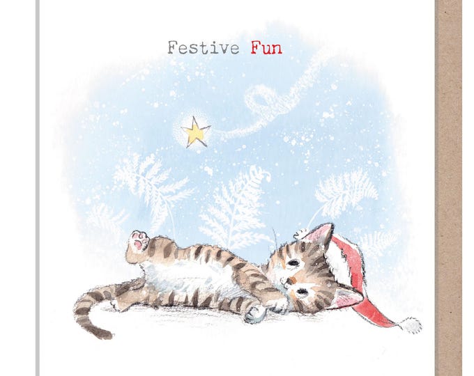 Quality Christmas Card -Festive Fun - Cat illustration 'Pawsitively Purrect' range - Cat looking at shooting star - Made in UK -XPP015