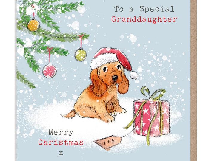 GRANDDAUGHTER Christmas Card - Quality Christmas Card  - 'Absolutely barking' range - Cocker Spaniel Illustration - Made in UK -  ABX08