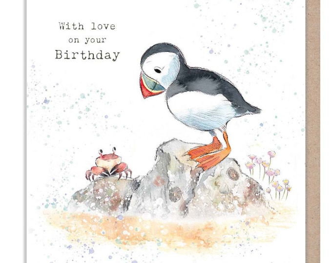 Puffin - With love on your Birthday - Quality greeting Card - Puffin and Crab illustration - 'by the Seashore' range - made in UK  - SEA02