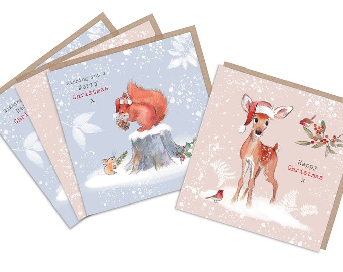 Pack of 4 Quality Christmas Cards - Cute illustrations - 'Bucklebury wood' range- Made in UK -  BWX06/BWX09
