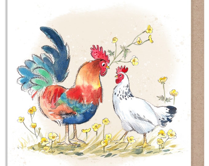 Blank Card - Quality Greeting Card - Charming illustration - 'Buttercup Farm' range - Cock and Hen - Made in UK -  BF07