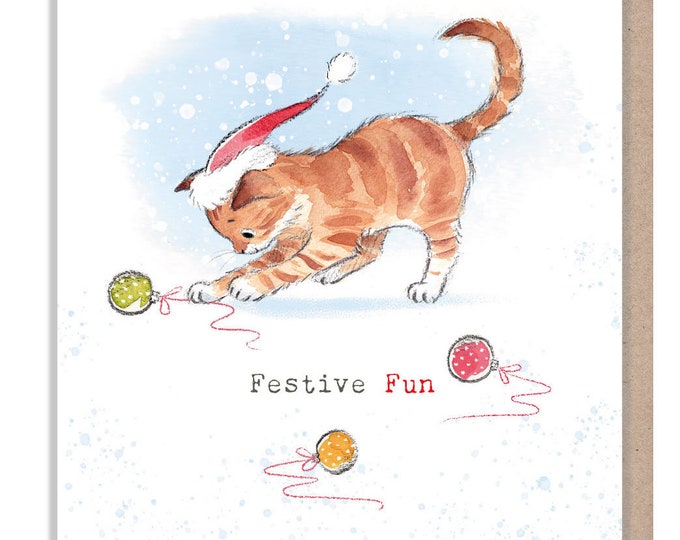 Quality Christmas Card - Charming Cat illustration - 'Pawsitively Purrect' range - Ginger cat  in Xmas hat with wool - Made in UK - XPP010