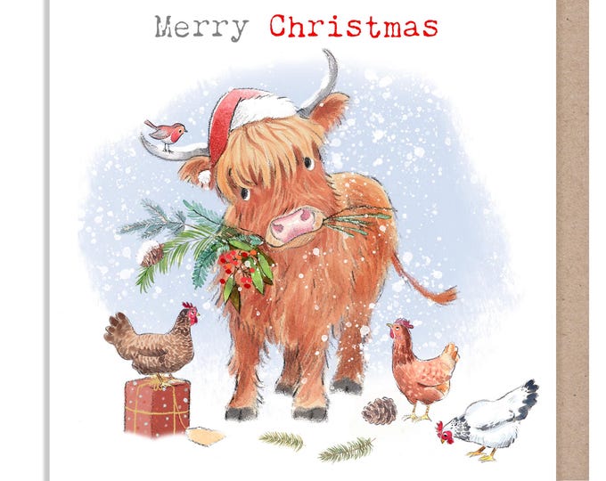 Merry Christmas - Quality Greeting Card - Charming illustration - 'Buttercup Farm' range - Highland Cow - Made in UK -  BFX06