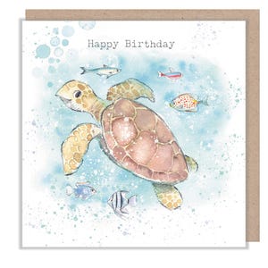 Verjaardagskaart - Charmante illustratie - Zeeschildpad met vis 'By the Sea Shore'-reeks - Made in UK - SEA010