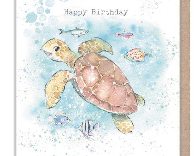 Birthday Card -  Charming illustration - Sea Turtle with fish  'By the Sea Shore'  range - Made in UK -  SEA010