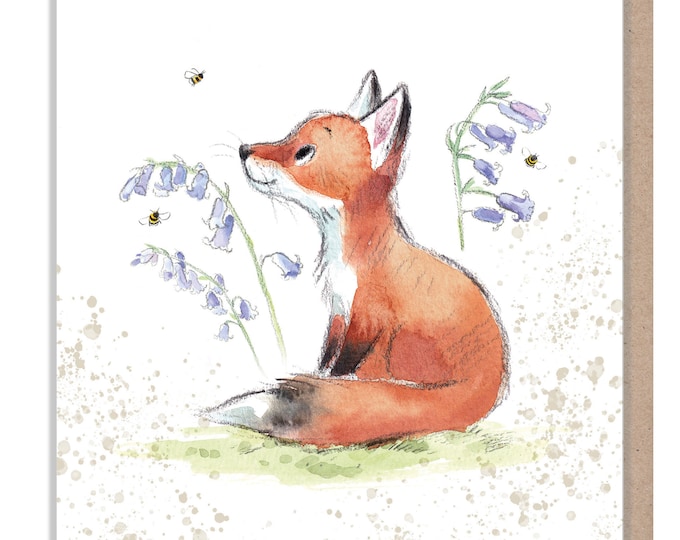 Fox  Card - Quality Blank Greeting Card - Charming Fox and bluebell  illustration - 'Bucklebury Wood'  range - Made in UK -  BWE013