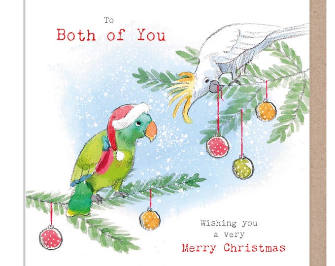 To Both of You - Quality Christmas Card - 150 x 150mm - Charming Parrot illustration - 'Wonderfully Wild'  range - Made in UK -  WWX022