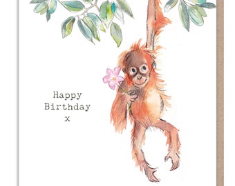 Orangutan Birthday Card - Charming illustration - Orangutan with flower - 'Wonderfully Wild'  range - Made in UK -  WWE06