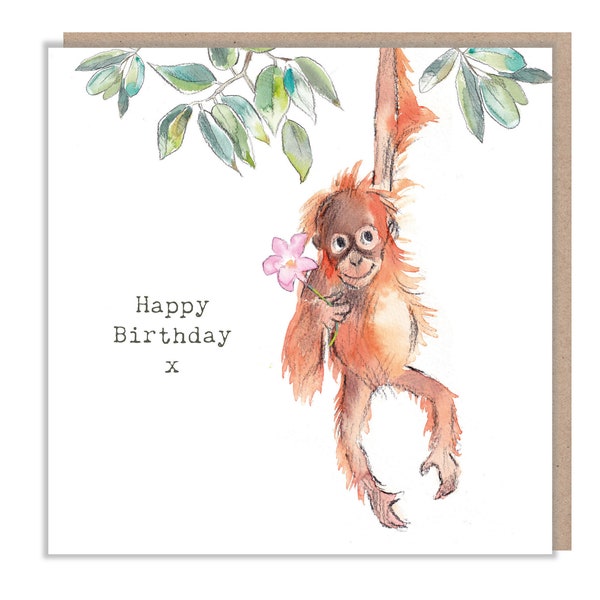 Orangutan Birthday Card - Charming illustration - Orangutan with flower - 'Wonderfully Wild'  range - Made in UK -  WWE06