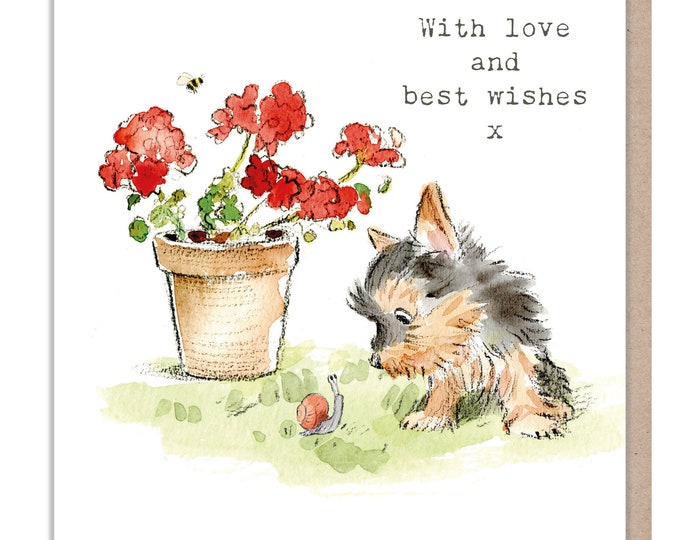 Dog Card - With Love and Best wishes Card - Charming illustration - 'Absolutely barking' range - Yorkshire Terrier - Made in UK -  ABE053