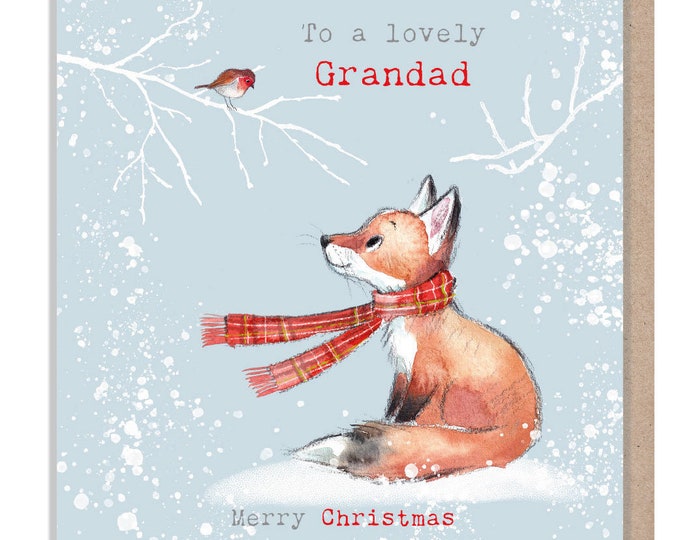 Grandad - Quality Christmas Card - 150 x 150mm - Fox and Robin illustration - 'Bucklebury wood' range- Made in UK -  BWX028