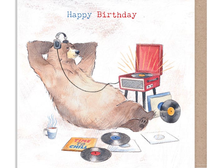 Birthday card - Quality Greeting Card, Bear listening to records  'Hey Bear' range, Fun hand drawn Illustrations, made in UK, HBE04