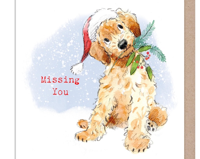 Missing You Christmas card - 150 x 150mm -  Charming Dog illustration - 'Absolutely barking' range - Made in UK -  ABX127