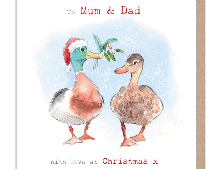 Mum and Dad -Quality Christmas Card - Duck Illustration - 'Down by the river' range - Made in UK -  RIVX07