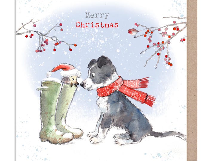 Merry Christmas- Quality Greeting Card - Charming illustration - 'Buttercup Farm' range - Collie Dog and Hedgehog - Made in UK -  BFX05